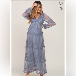 PinkBlush Blue Grey Lace Mesh Overlay Long Sleeve Maternity Maxi Dress